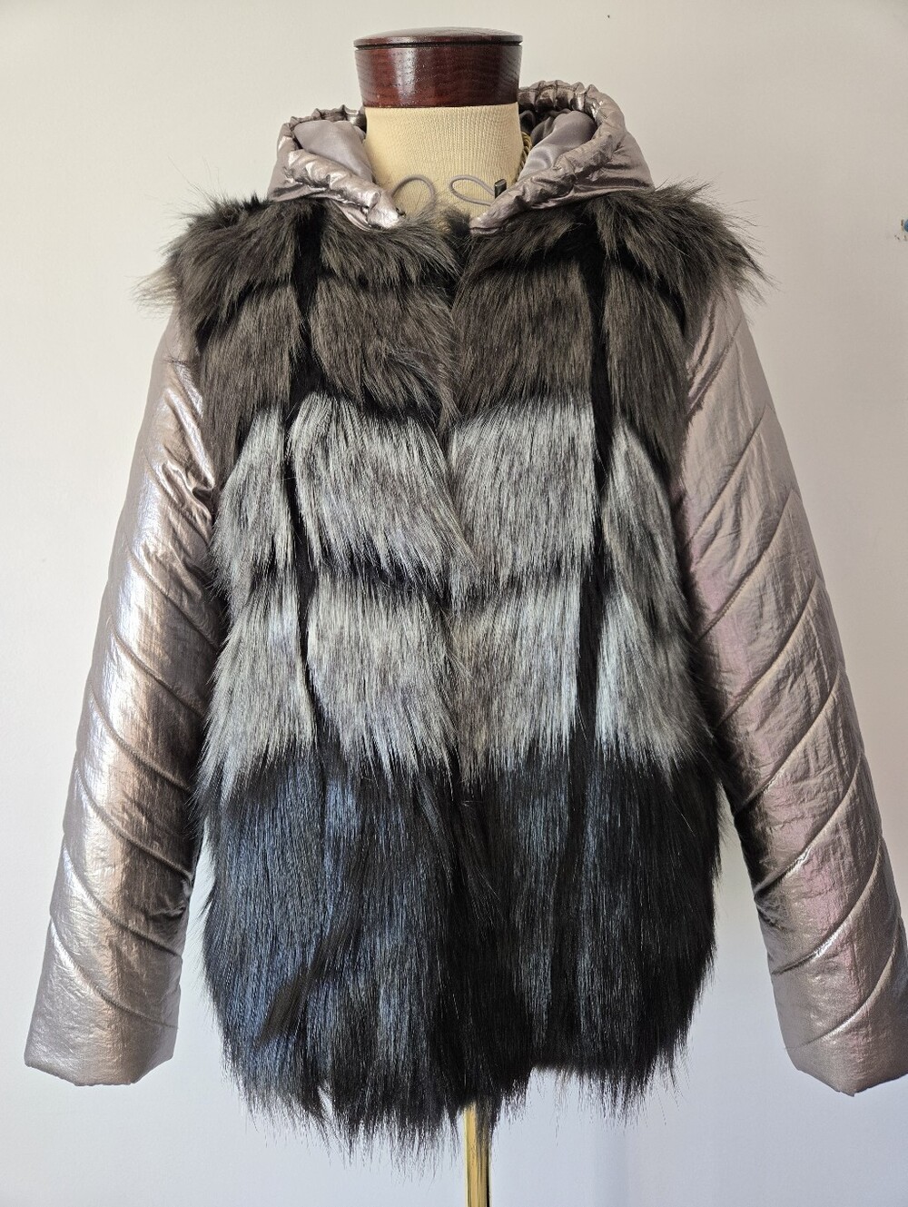 FURious Fur Faux Fur Hooded Puffer Jacket With Metallic Silver Sleeves. Small